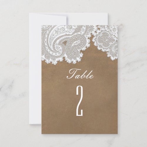 White Lace  Brown Rustic Wedding Table Number