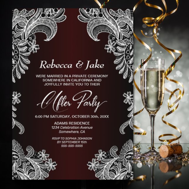 White Lace Burgundy Wedding After Party Invitation (Creator Uploaded)