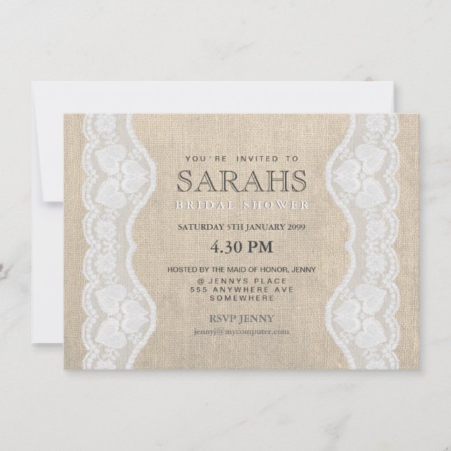 White Lace & Burlap Bridal Shower Party Invite (Front)