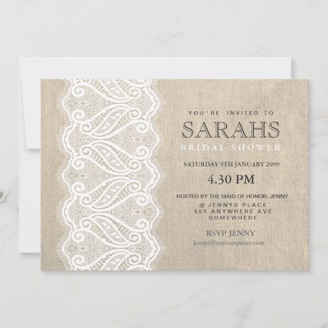 White Lace & Burlap Bridal Shower Party Invite (Front)