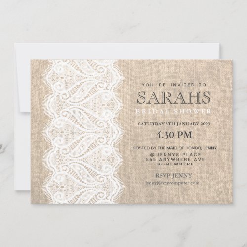 White Lace &amp; Burlap Bridal Shower Party Invite