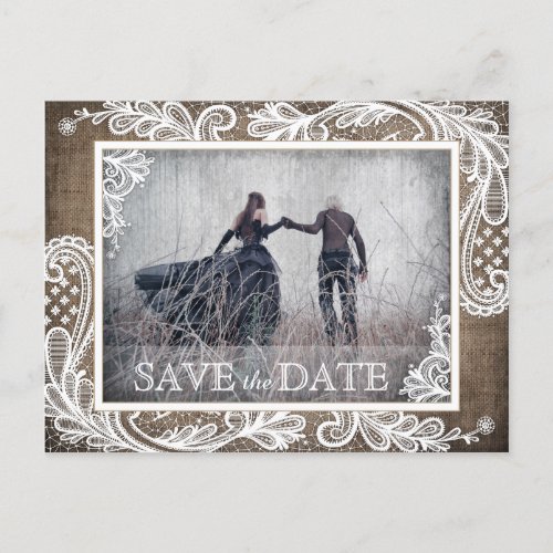 White Lace Burlap Modern Goth Photo Save the Date Announcement Postcard