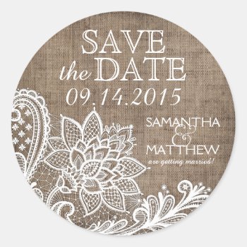 White Lace Burlap Modern Goth Save The Date Label by NouDesigns at Zazzle