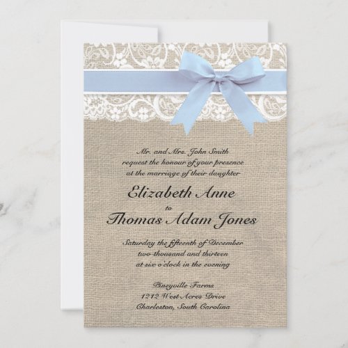 White Lace Burlap Wedding Invitation- Baby Blue