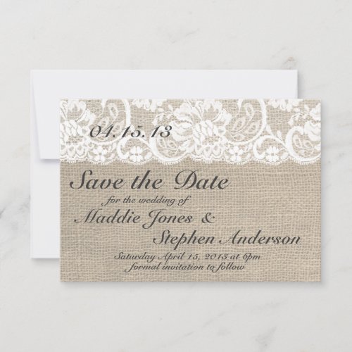 White Lace &amp; Burlap Wedding Save the Date