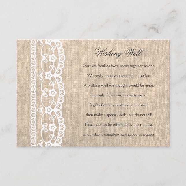 White Lace & Burlap Wishing Well Wedding Card (Front)