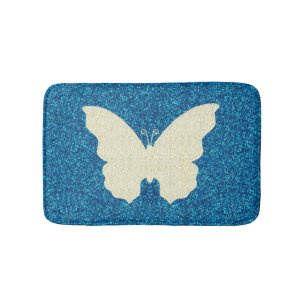 White Lace Butterfly On Blue Glitter Bath Mat