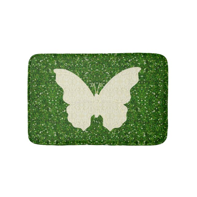 White Lace Butterfly On Green Glitter Bath Mat (Front)