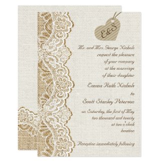 White lace & cardboard heart on burlap wedding invitation