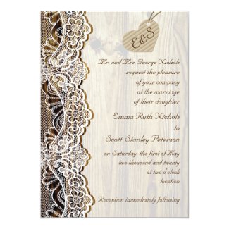 White lace & cardboard heart on wood wedding invitation