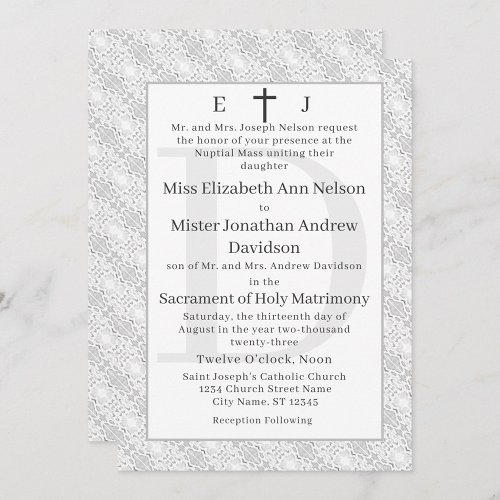 White Lace Catholic Monogrammed Wedding Invitation