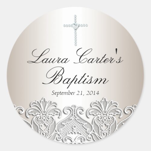White Lace  Cross Baptism Sticker