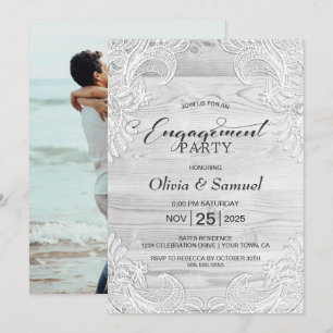 White Lace Custom Photo Wood Engagement Party Invitation