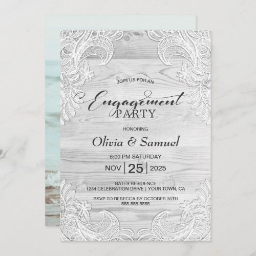 White Lace Custom Photo Wood Engagement Party Invitation