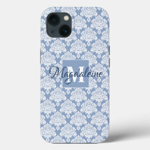 White Lace Damask on Dusty Blue Monogram & Name iPhone 13 Case