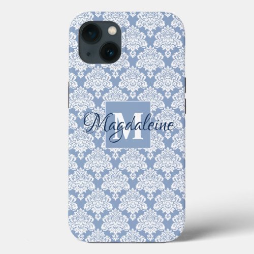 White Lace Damask on Dusty Blue Monogram  Name iPhone 13 Case