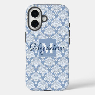 White Lace Damask on Dusty Blue Monogram & Name iPhone 16 Case