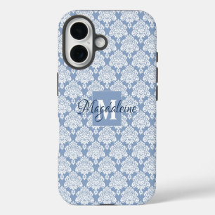 White Lace Damask on Dusty Blue Monogram & Name iPhone 16 Case