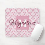 White Lace Damask on Dusty Rose Name & Monogram Mouse Pad<br><div class="desc">This beautiful mouse pad features a classic white damask pattern over a dusty rose background. The design is personalized with a monogram initial letter as well as a customizable name. Perfect gift for any woman who wants a pretty and feminine mouse pad with a simple yet elegant design.</div>