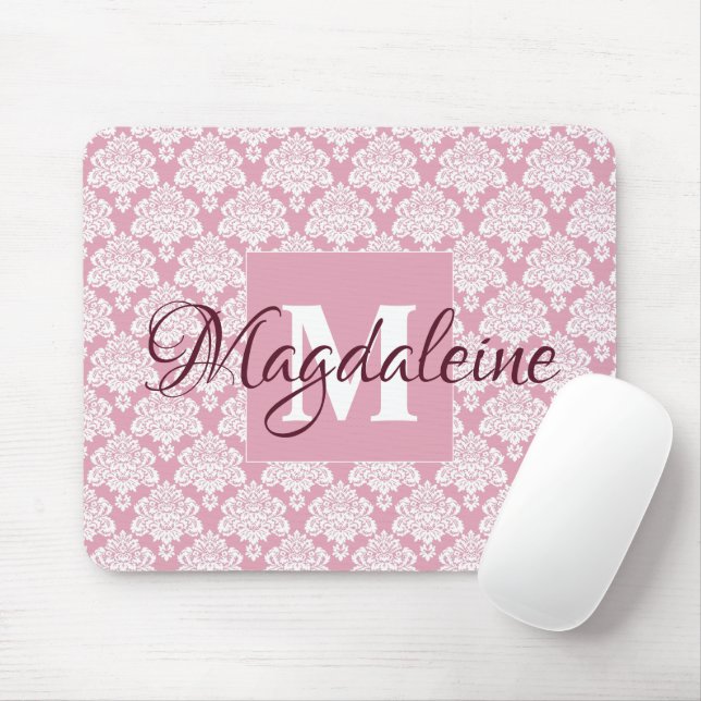 White Lace Damask on Dusty Rose Name & Monogram Mouse Pad (With Mouse)