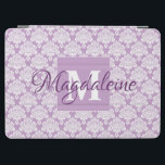 White Lace Damask on Lavender Name & Monogram iPad Air Cover<br><div class="desc">This beautiful iPad case features a classic white damask pattern over a lavender or dusty purple background. The design is personalized with a monogram initial letter as well as a customizable name. Perfect for work or school, or any woman who wants a pretty case with a simple yet elegant design....</div>