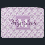 White Lace Damask on Lavender Name & Monogram iPad Air Cover<br><div class="desc">This beautiful iPad case features a classic white damask pattern over a lavender or dusty purple background. The design is personalized with a monogram initial letter as well as a customizable name. Perfect for work or school, or any woman who wants a pretty case with a simple yet elegant design....</div>