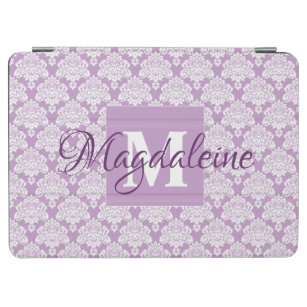 White Lace Damask on Lavender Name & Monogram iPad Air Cover