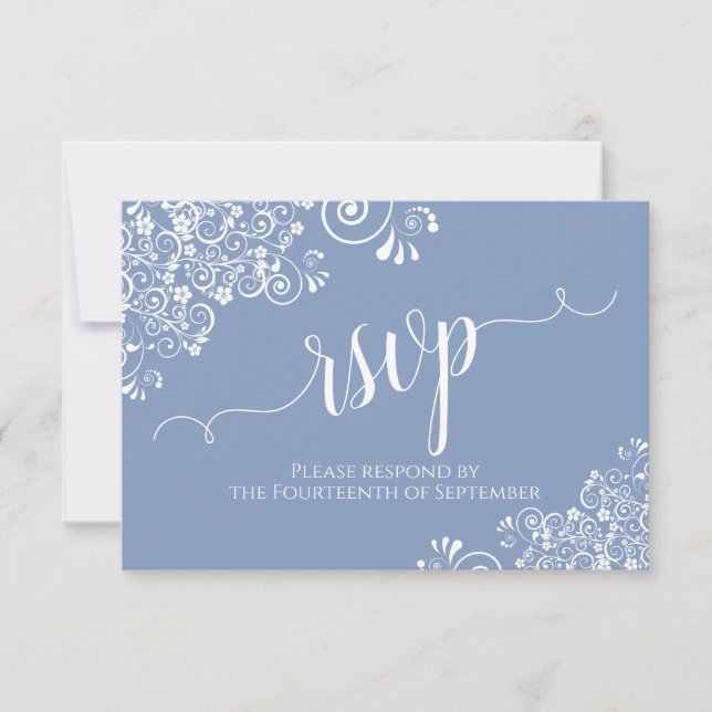 White Lace Dusty Blue Elegant Calligraphy Wedding RSVP Card (Front)