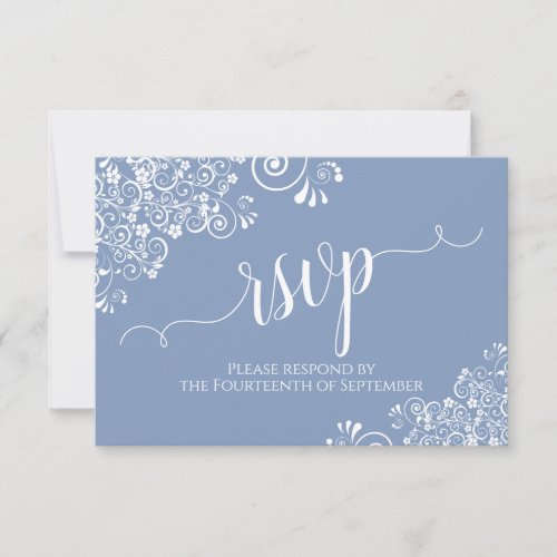 White Lace Dusty Blue Elegant Calligraphy Wedding RSVP Card