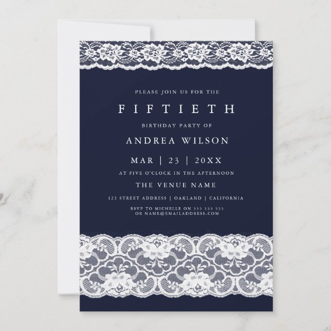 White Lace Elegant Navy Blue 50th Birthday Invite (Front)