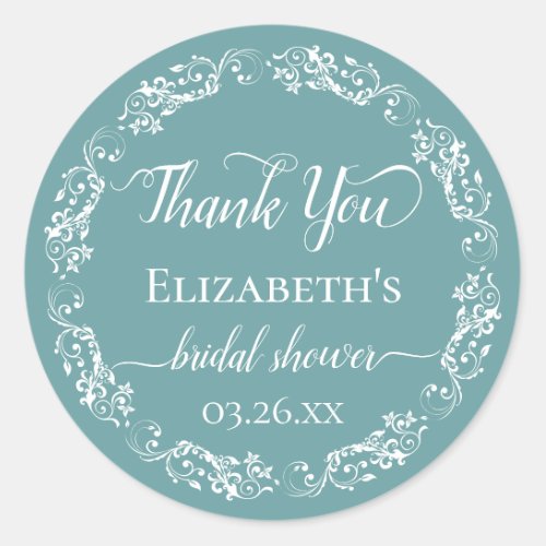 White Lace Elegant Teal Bridal Shower Thank You  Classic Round Sticker
