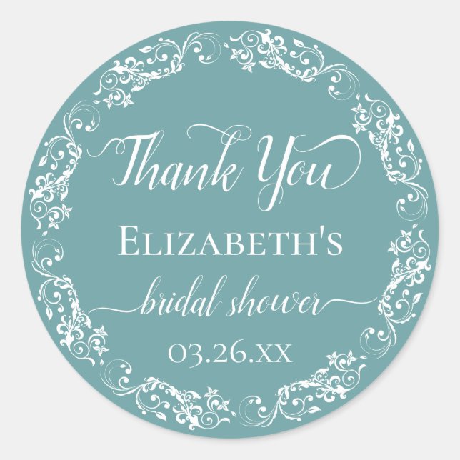 White Lace Elegant Teal Bridal Shower Thank You  Classic Round Sticker (Front)