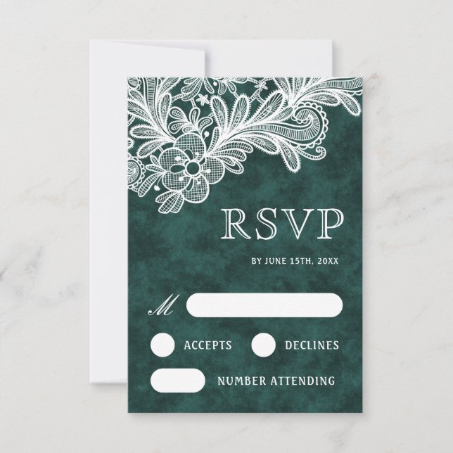 White Lace Emerald Green Velvet Wedding RSVP Card (Front)