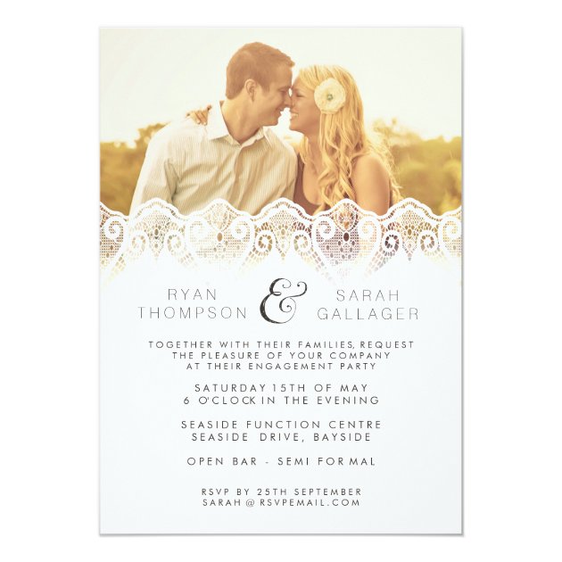White Lace Engagement Wedding Photo Invite