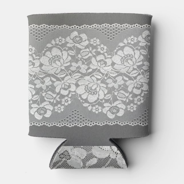 White lace fabric, gray background texture. can cooler (Front)