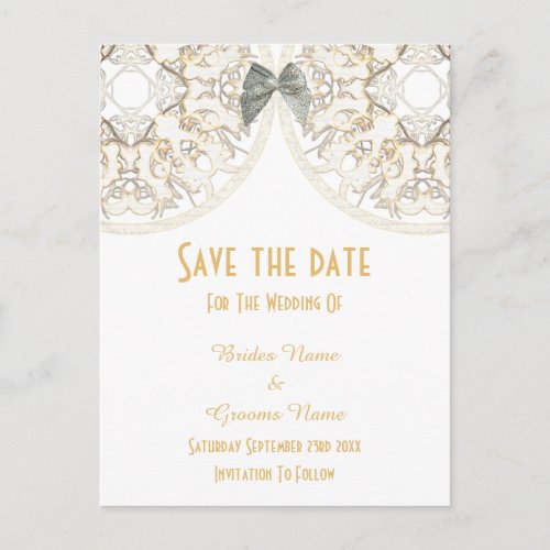 White lace filigree damask save the date announcement postcard