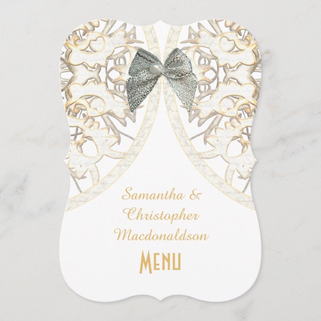 White lace filigree damask wedding menu (Front)