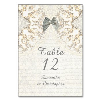 White Lace Filigree Vintage Parchment  Wedding Table Number by personalized_wedding at Zazzle