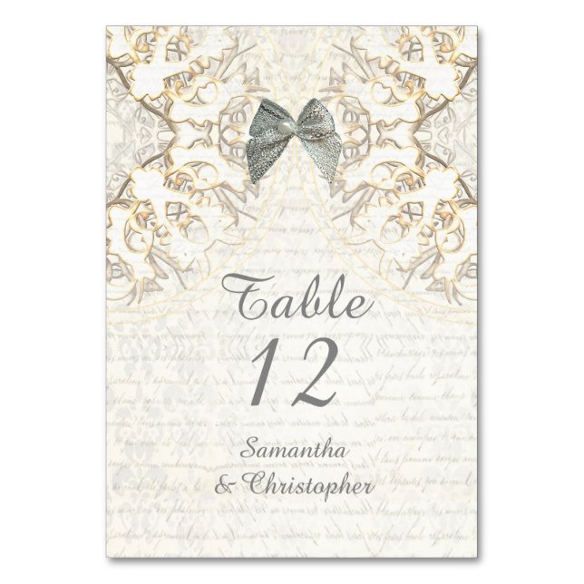 White lace filigree vintage parchment  wedding table number (Front)