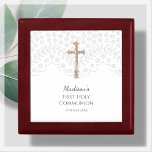 White Lace First Holy Communion Rosary Gift Box<br><div class="desc">Celebrate the special occasion of First Holy Communion with this exquisite rosary gift box. The box features a beautiful white lace effect with a gold color crucifix on a white background, making it a stunning keepsake to treasure for years to come. The box is easy to personalize with your loved...</div>