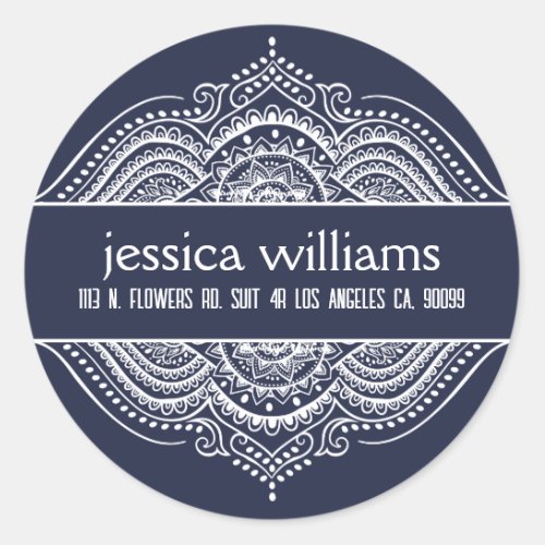 White Lace Floral Paisley Mandala on Royal Blue Classic Round Sticker