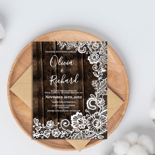 White Lace Floral Rustic Wood Wedding Invitation Postcard (White Lace Floral Rustic Wood Wedding Invitation Postcard)