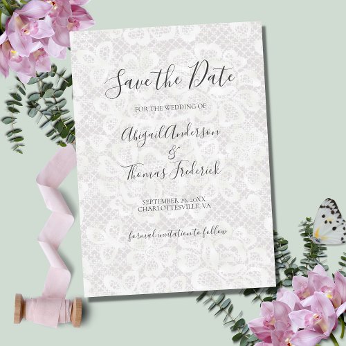 White Lace Floral Script QR code Save The Date