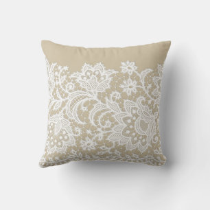 White Lace Florals on Beige Throw Pillow