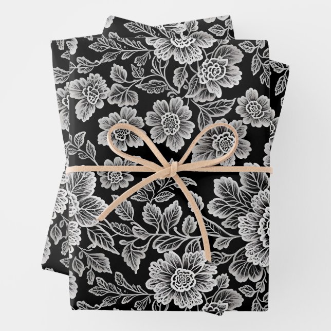 White Lace Florals on Black Wrapping Paper Sheets (In situ)