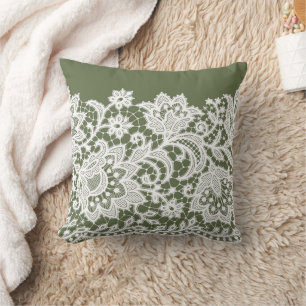 White Lace Florals on Olive Green Throw Pillow