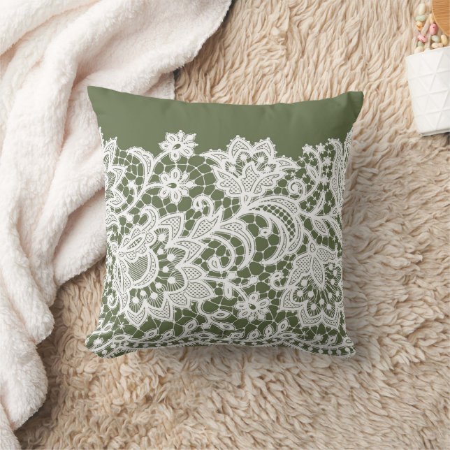 White Lace Florals on Olive Green Throw Pillow  (Blanket)