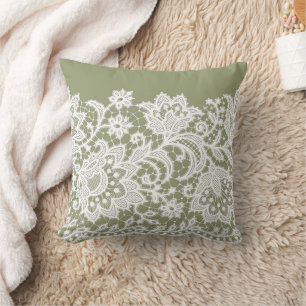 White Lace Florals on Sage Green Throw Pillow