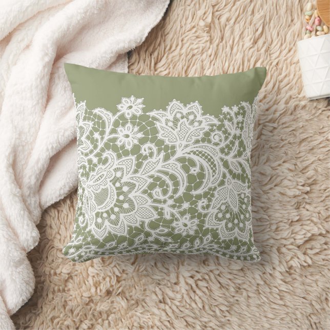 White Lace Florals on Sage Green Throw Pillow  (Blanket)