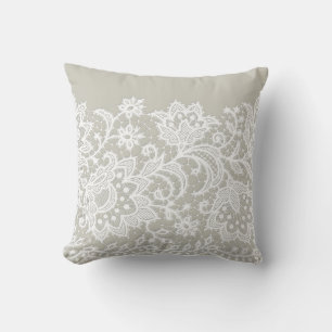 White Lace Florals on Tan Grey Throw Pillow